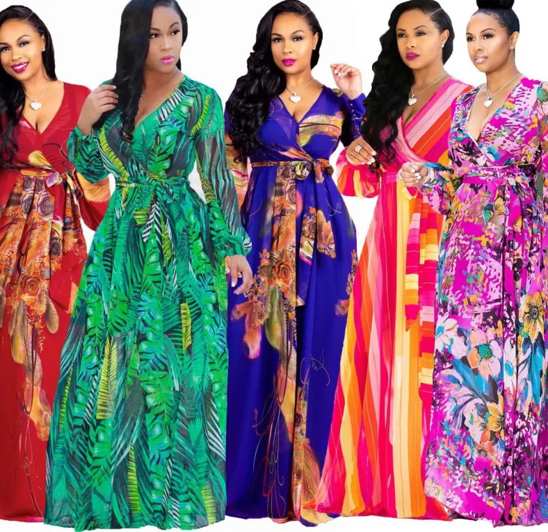 

Wholesale Ladies Fashion Sexy Plus Size V Neck Long Sleeve Digital Printing Of Chiffon Dresses, As pictures