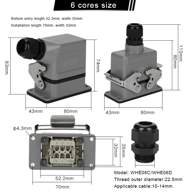 6 Pin WHE06C Side Out Hood Rectangular Heavy Duty Connector