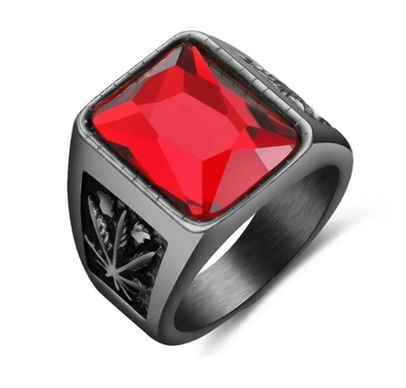

Big Gemstone Alloy Wholesale Men's Black Red Hiphop Picture Unique Designs Hot Selling Jewelry Zircon Ring Maple Leaf Shape Ring