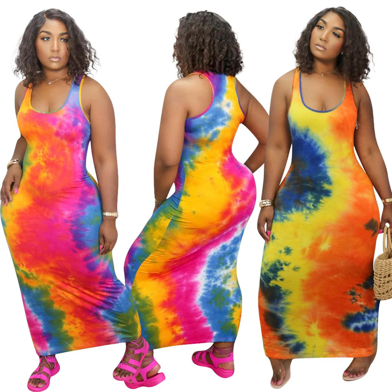 

Wholesale High quality Ladies bodycon sexy Fish scale gradient Trendy Positioning Print Sleeveless Dress night club dress