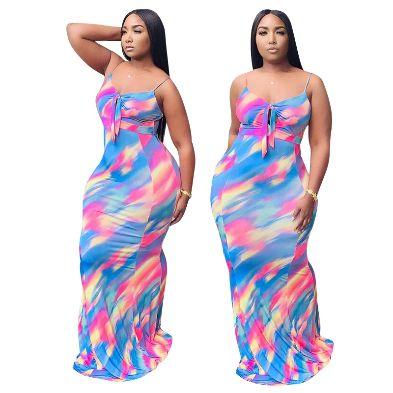 

Newest design long casual knot dyeing printing gown deep V cotton Summer dress 2020, As picture shown