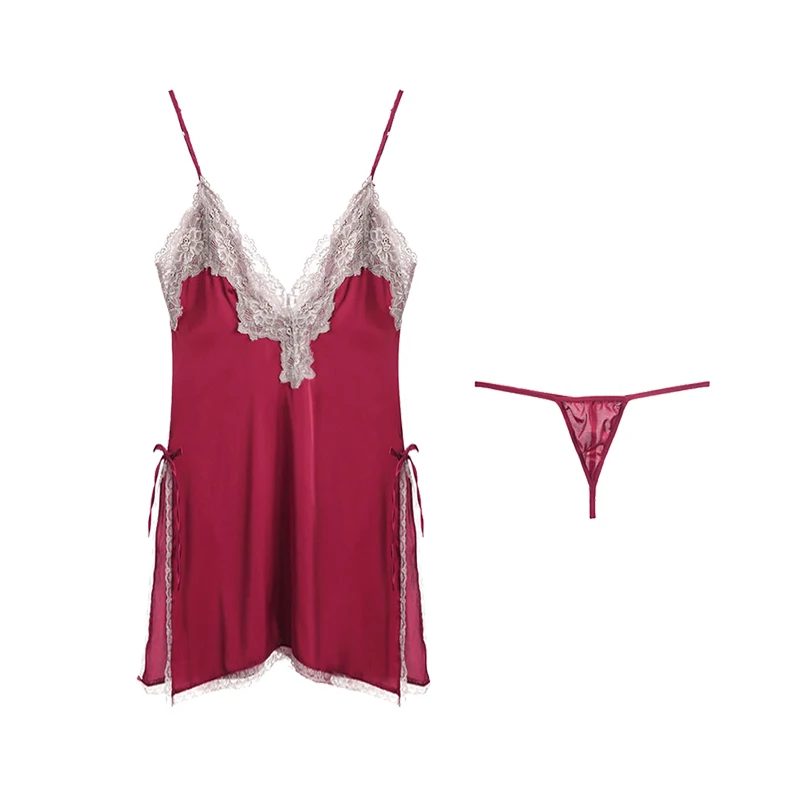 

Wholesale Custom Sexy Silk pajamas women's sleepwear Lace Low-cut Nightgown Thong