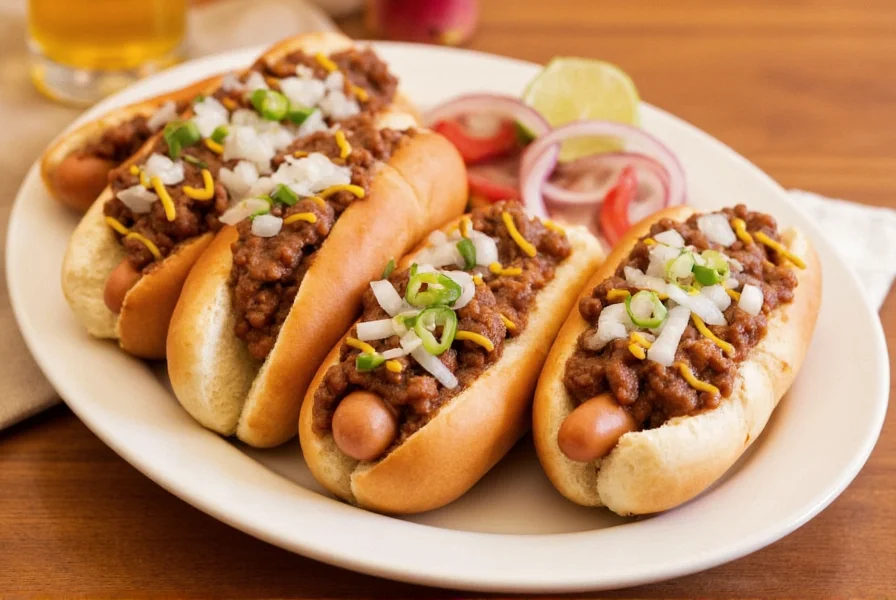 Finished hot dogs with homemade chili topping served on a plate with onions and mustard