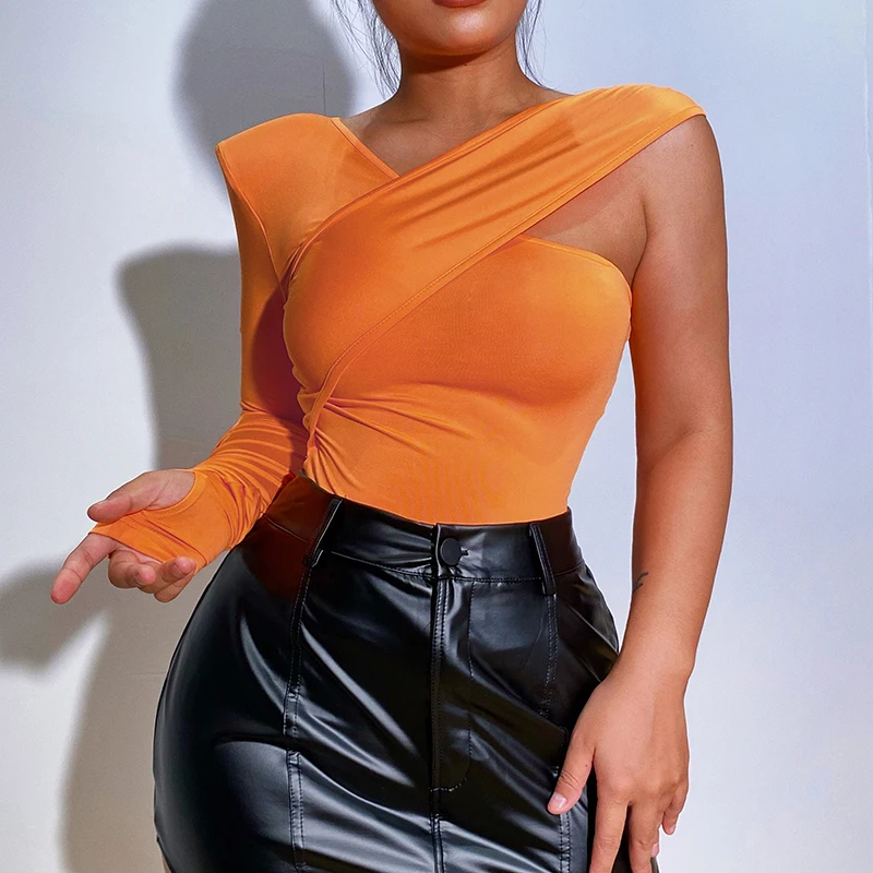 

Factory directly low price fall long sleeve solid color one shoulder crop tops women sexy bodycon with shoulder pad