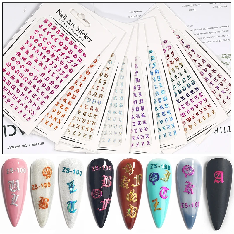 

luxury nail sticker English letter sticker retro Gothic punk style hot gold waterproof nail decoration, Colorful