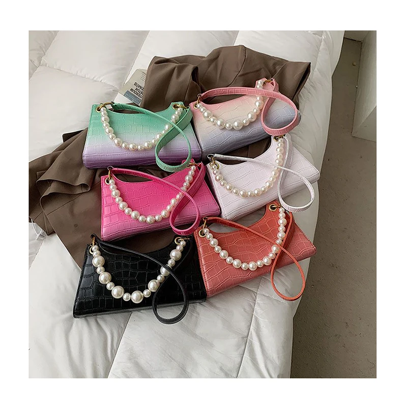 

Stone Pattern PU Leather Crossbody Shoulder Bag for Women 2021 Trendy Luxury Fashion Small Handbags Pearls Chain Underarm Purses