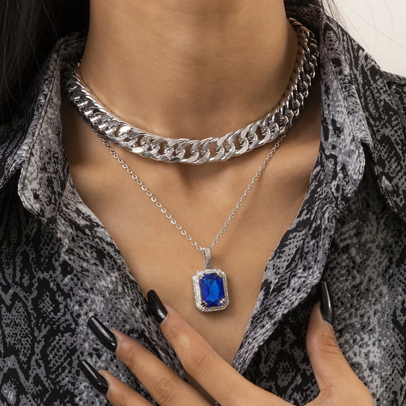 

New Thick Dense Chain Square Blue Pendant Necklaces For Women Fashion Gold Silver Color Multilevel Crystal Chains Female Jewelry, Picture shows