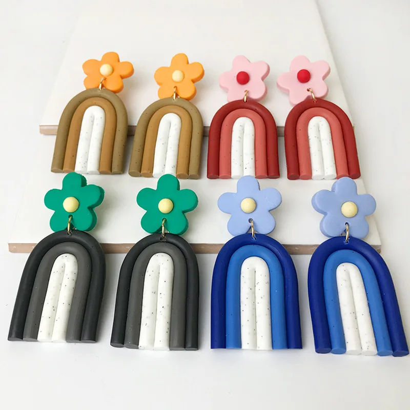 

OUYE rainbow women polymer clay cute earrings wholesale jewelry flower chunky earrings clay handmade clay stud earrings women, Colorful