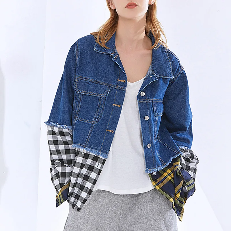 

2021 spring new denim shirt jacket temperament casual retro lapel single breasted plaid stitching denim jacket women, Photo color