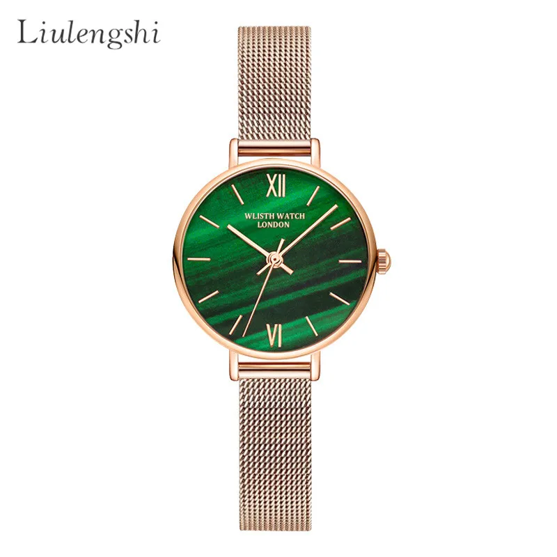 

Luxury Vintage Women Stainless Steel Slim Mesh Strap Quartz Watch Waterproof Green Steel Mesh Band Wrist Watch