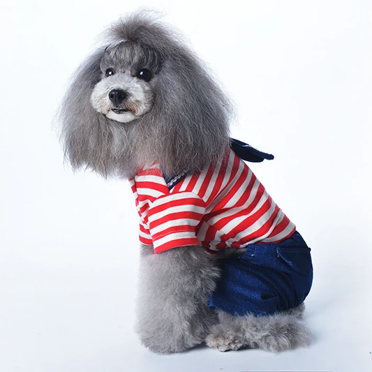 

Pet clothing Teddy puppy dog clothing autumn/winter new navy collar striped jeans, Red, blue