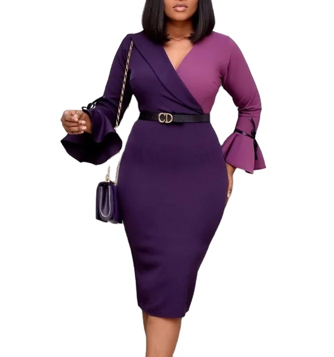 
Long sleeve contrast color slimming cover buttock office pencil skirt 