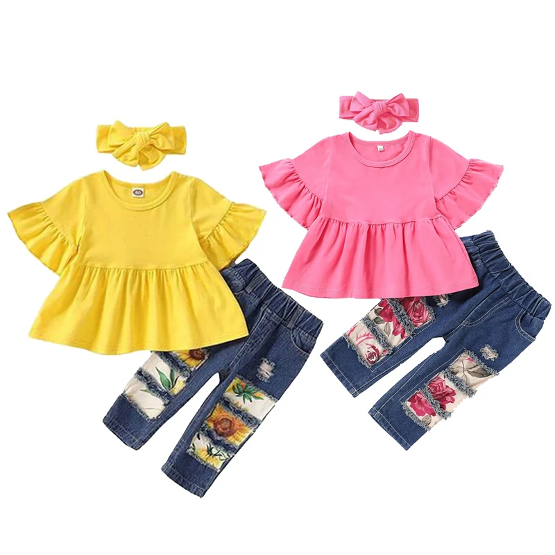 

3 Piece Children denim Clothes Set Sunflower Shirt Jeans headband clothing sets for girls Fall Boutique Outfit