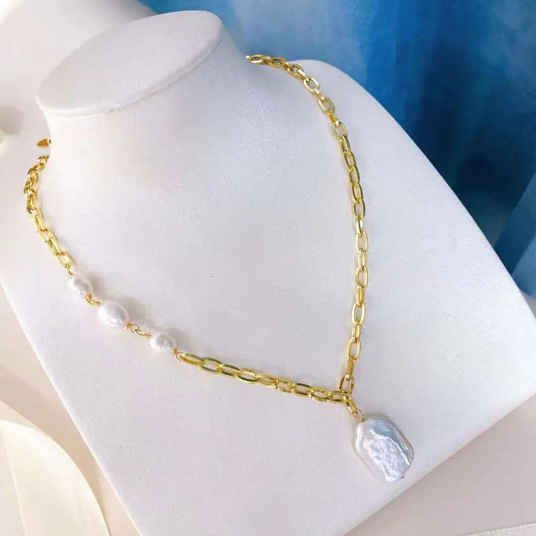 Manufacturer's Special Selling Women's Square Baroque Shaped Natural Pearl Necklace