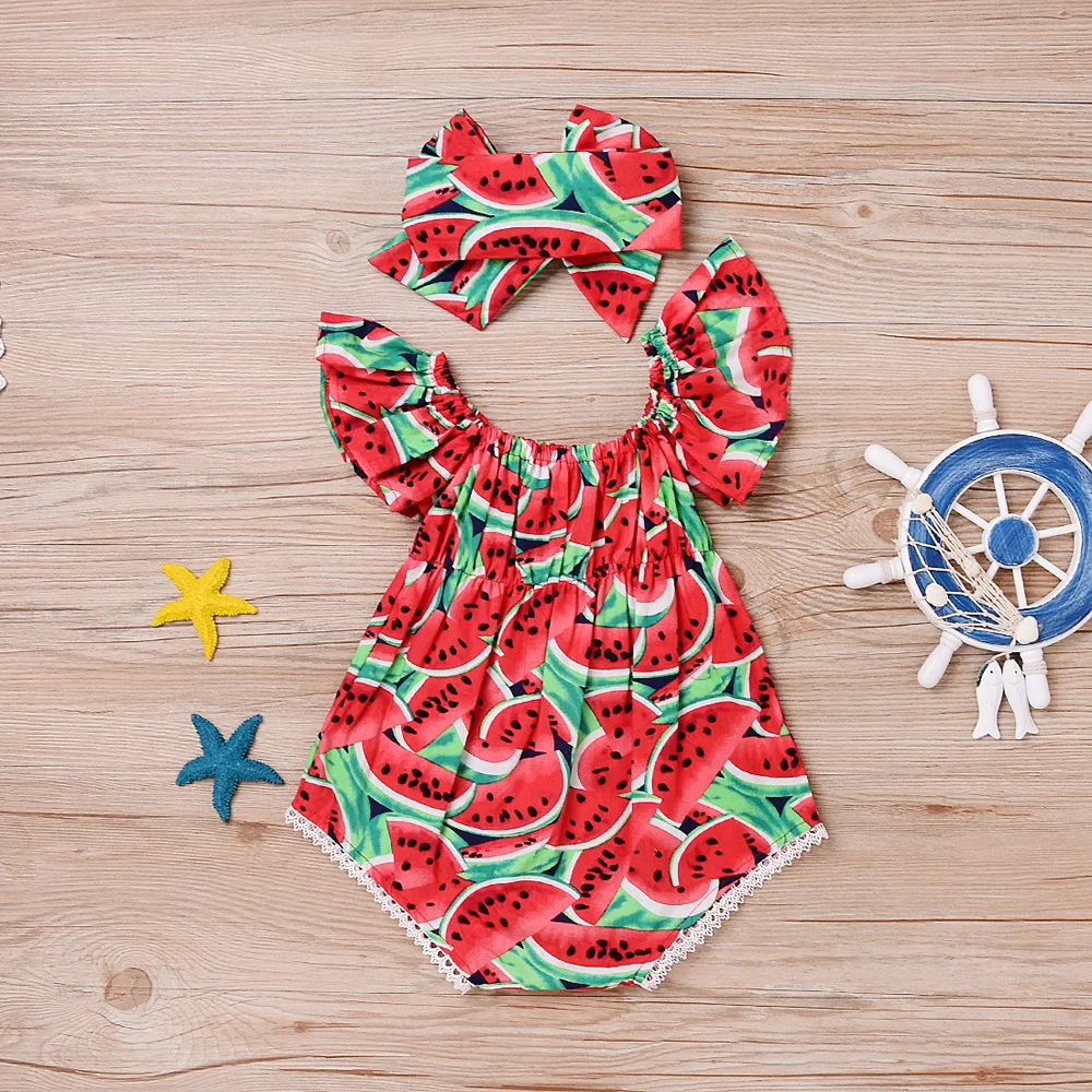 

watermelon printed summer short sleeve cotton romper newborn infant baby girl romper with hairband 2 pcs set outfit, Red