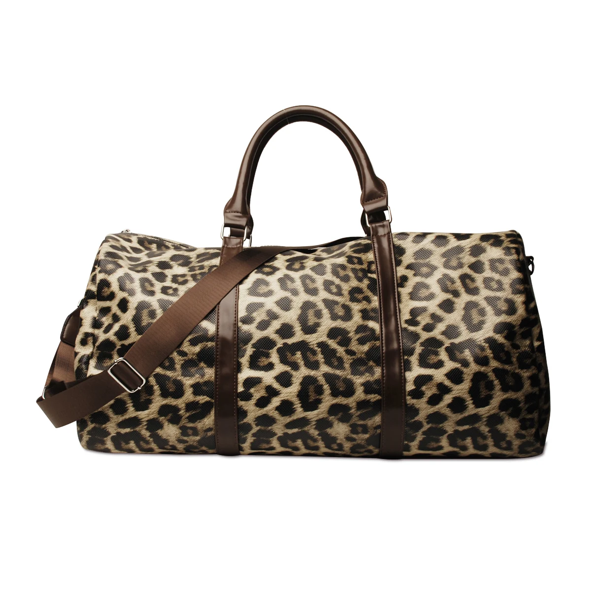 

2021 Hot Selling Brown Leopard Nylon Sports Bag Weekend Travel Handbag PU Duffel Bag with Handle And Strap DOM112-1065