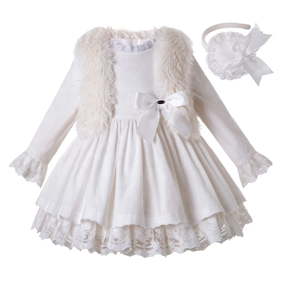 

OEM 2021 Pettigirl Toddler Girls Clothing Sets with Head Wrap White Warm Kids Dresses for Girls Lace Easter Kids Outfits