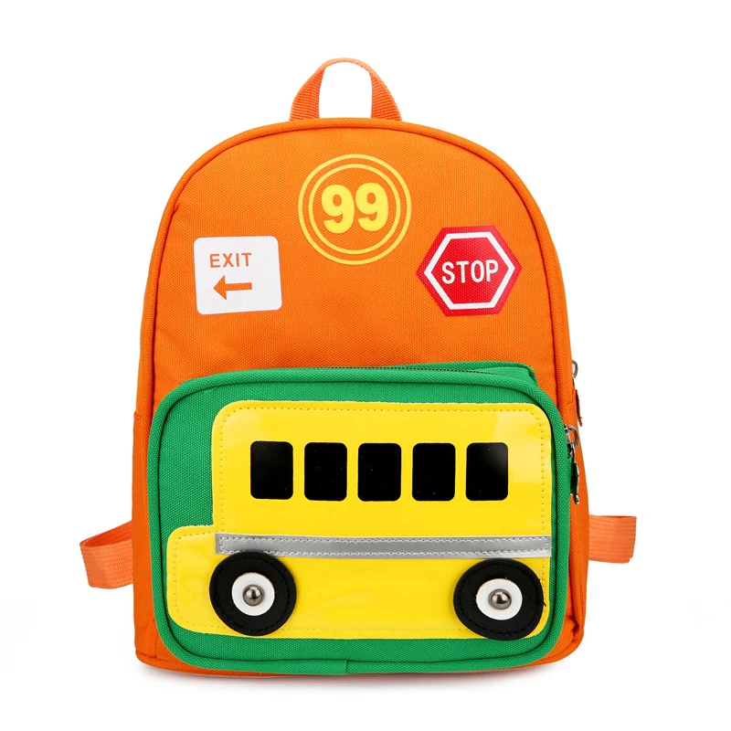

Children daily shoulder polyester cute book knapsack bag kids kindergarten orange bright color cartoon bus school backpack bag, 5 colors or customized