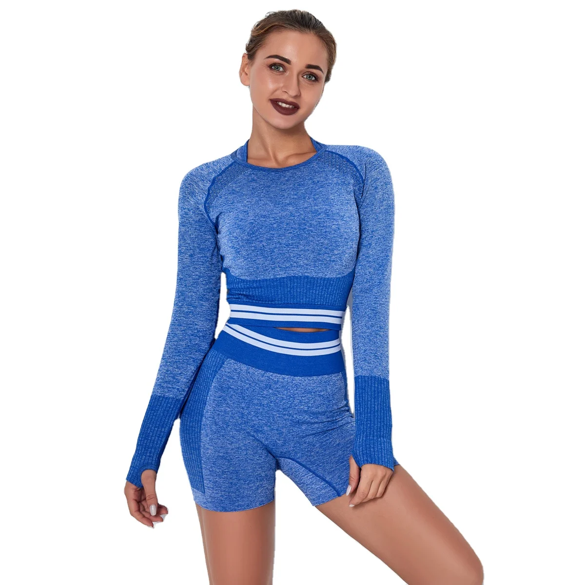

New Seamless Suit Striped Yoga Crop Top Stretch Long Sleeve Women Sport Clothes Fitness Wear Active Wear Sexy Yoga Shorts Set, As shown
