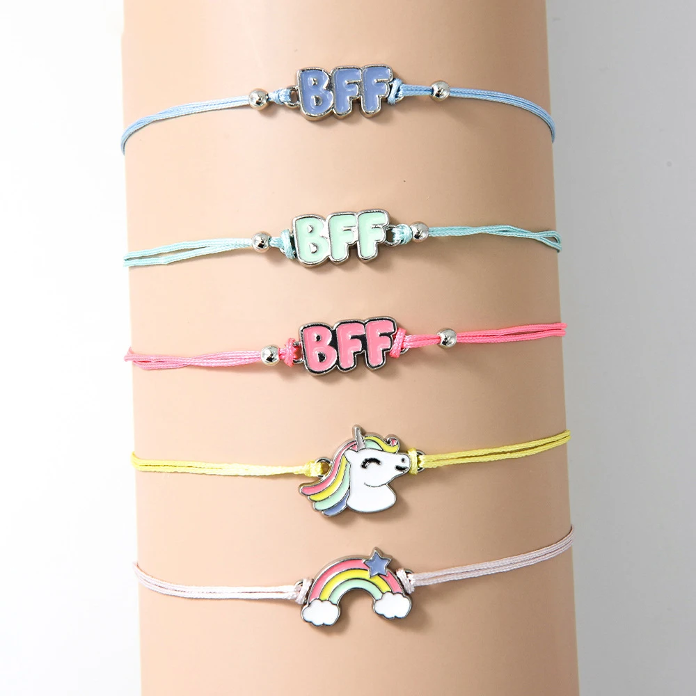 

JOJO Fashion 5pcs/set Multicolor Friendship BFF Best Friend Forever Alloy Polyester Unicorn Rainbow Kids Bangle Bracelet