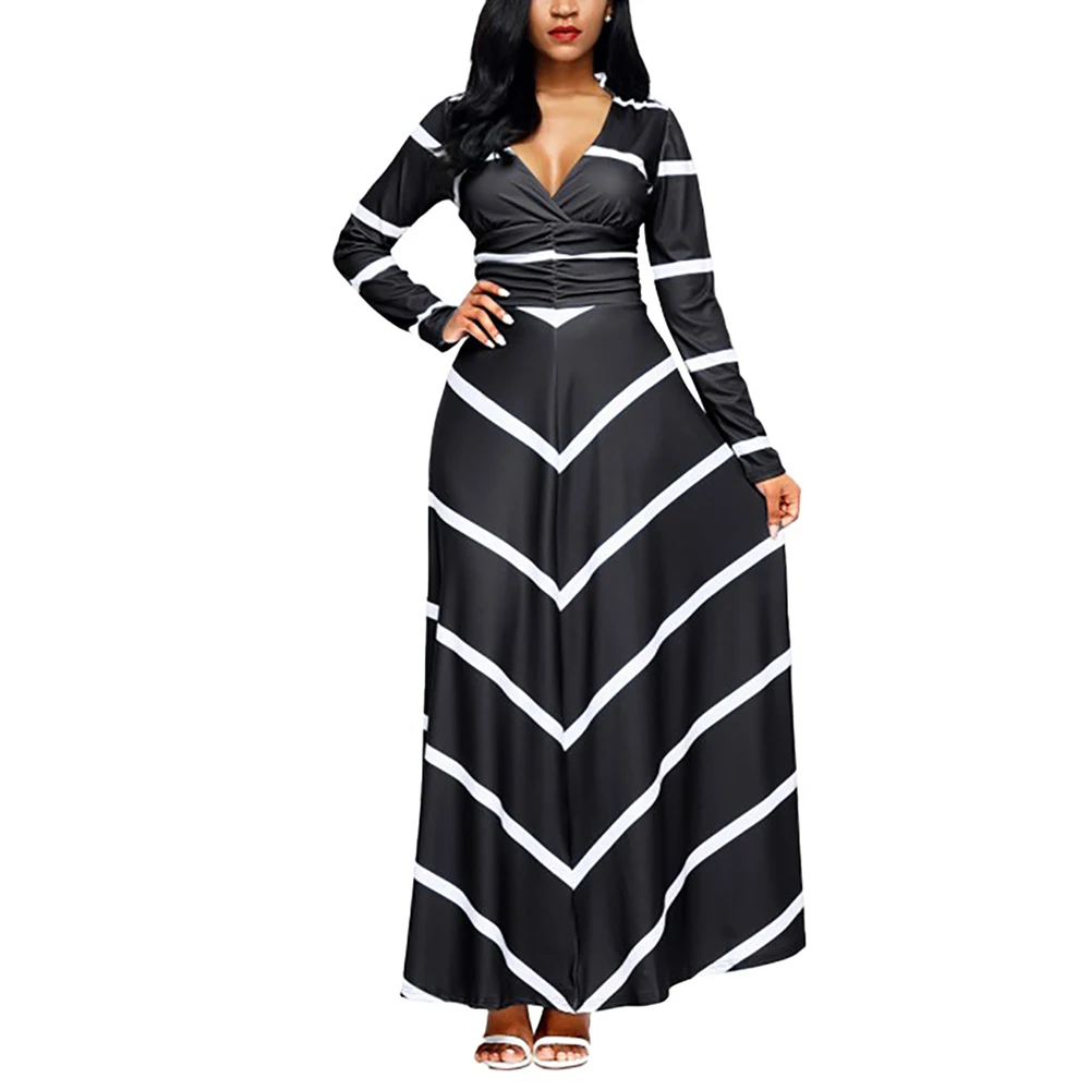 

Women Trendy Long Sleeve Sexy Deep V Neck Striped Print Casual Maxi Dress, Black, blue, green, wine red