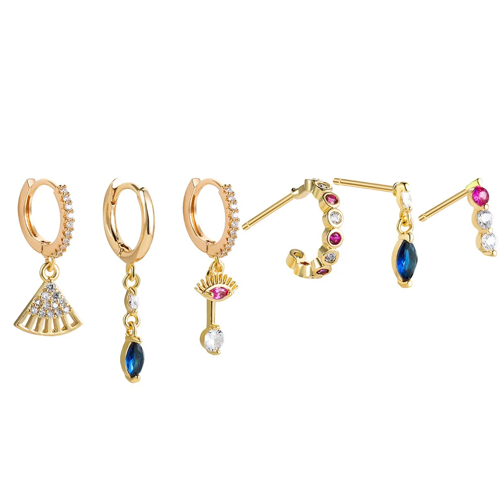 

6pcs/set Small Brass Tassel Pendant Earring Gold Plated Colorful Zircon Diamond Huggie Hoop Earring