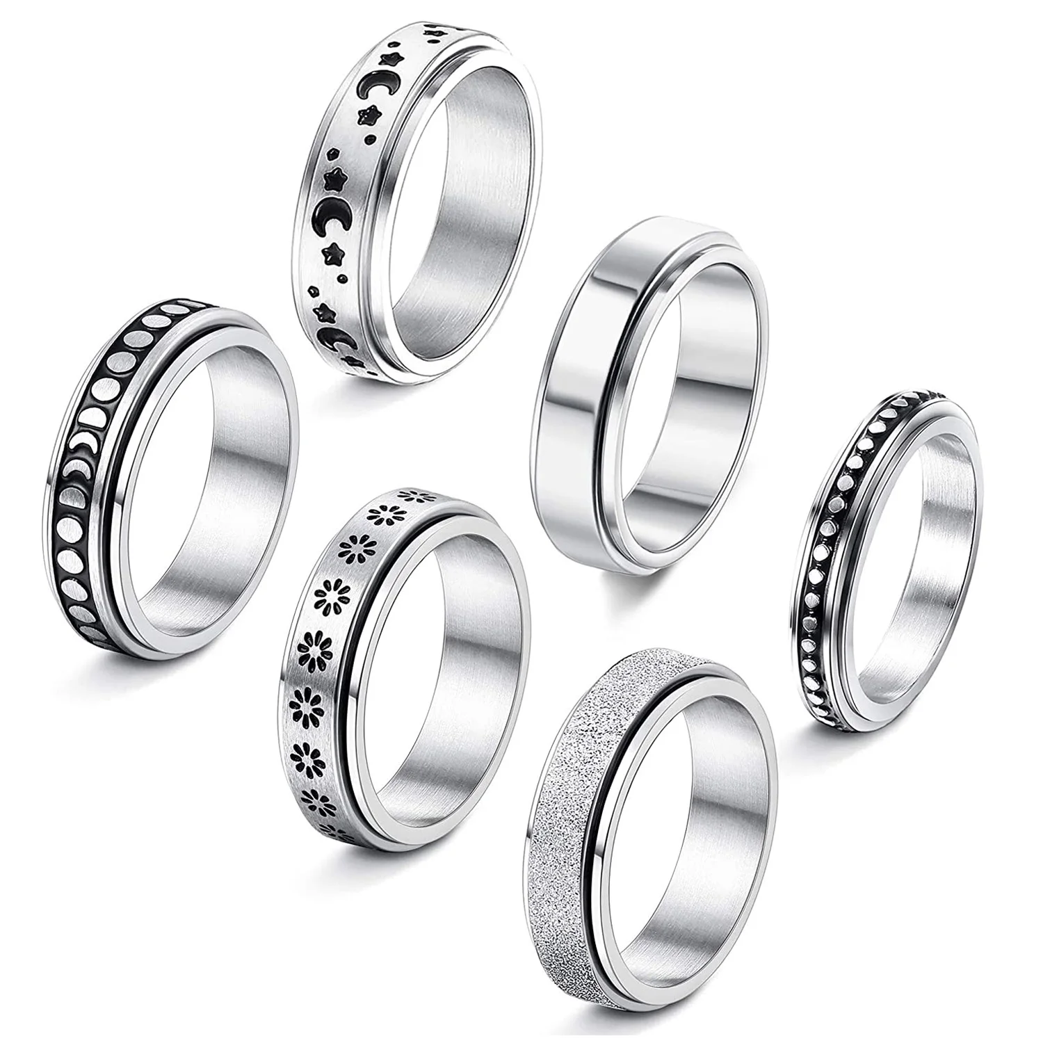 

GT Rotating Spinner Rings Men Jewelry Moon Star Heart Flower Stainless Steel Anxiety Spinning Ring