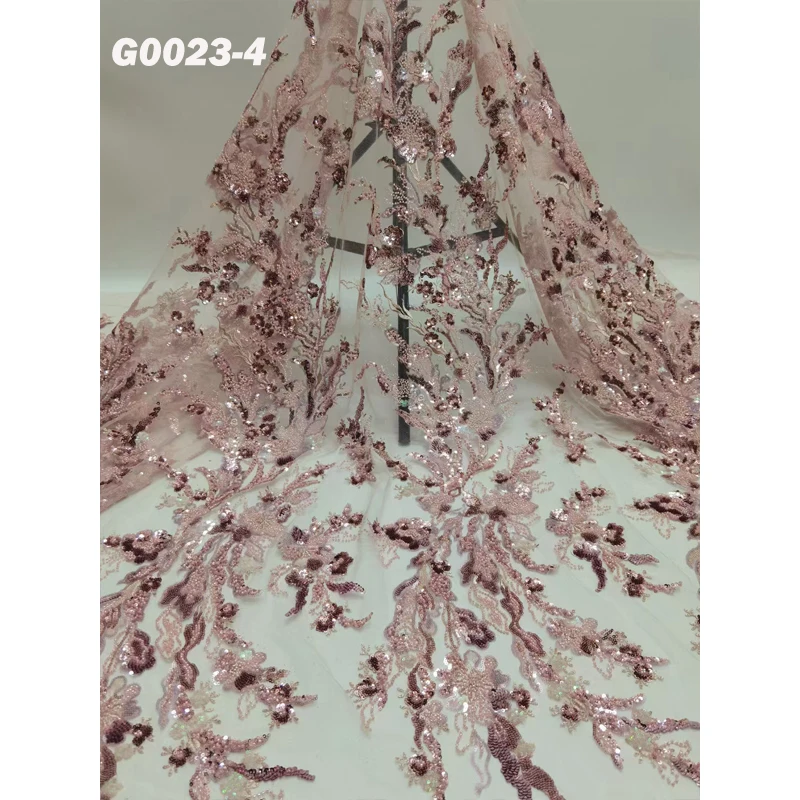 

Felicia top quality heavy embroidered flower wedding tulle lace fabric with beaded pink sequins korean laces