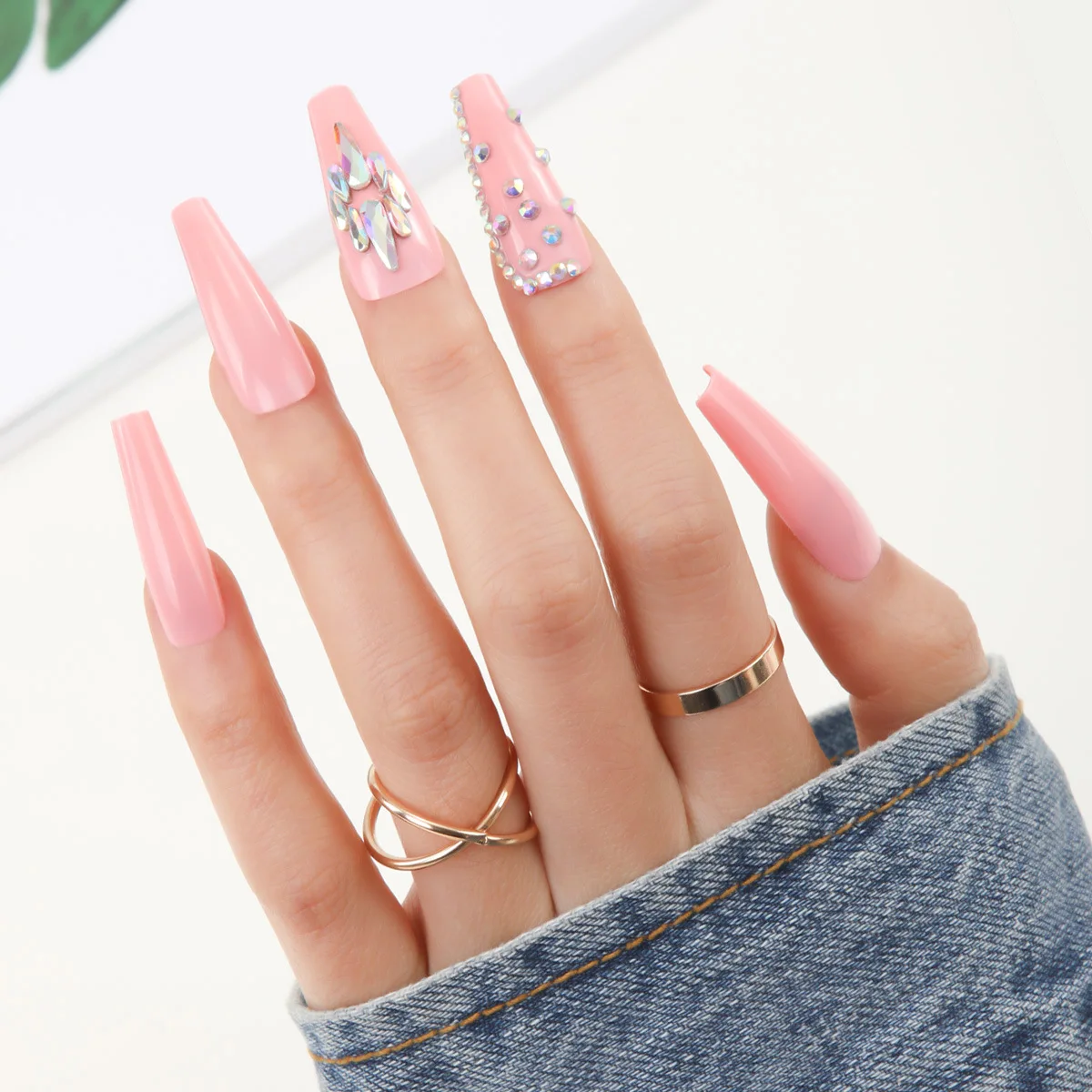 

24pcs press on nail pink false nail rhinestone decoration long ballet nail detachable artificial fingernail