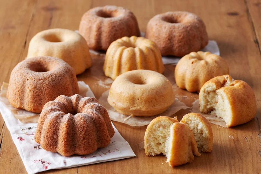 Variations of cinnamon roll bundt cake including mini versions, apple cinnamon swirl, and cream cheese filled options arranged on a wooden table
