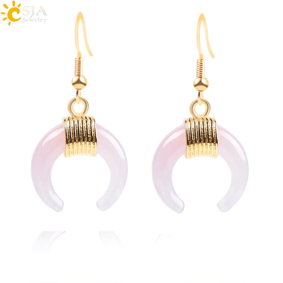 

CSJA hot natural gemstone crescent moon earrings gold color wire wrapped rose quartz opal crystal buffalo horn ear ring F062