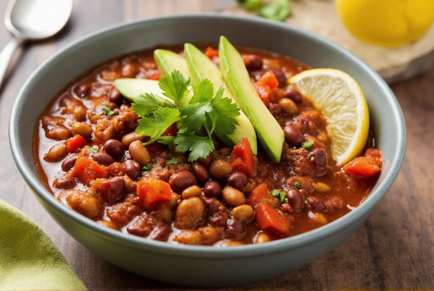 Bowl of steaming 3 bean chili with toppings including avocado and cilantro for a healthy meal