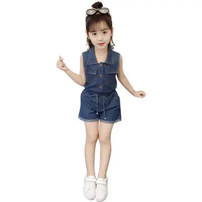 

2021 new fashion children's wear fashionable denim shorts two-piece girl