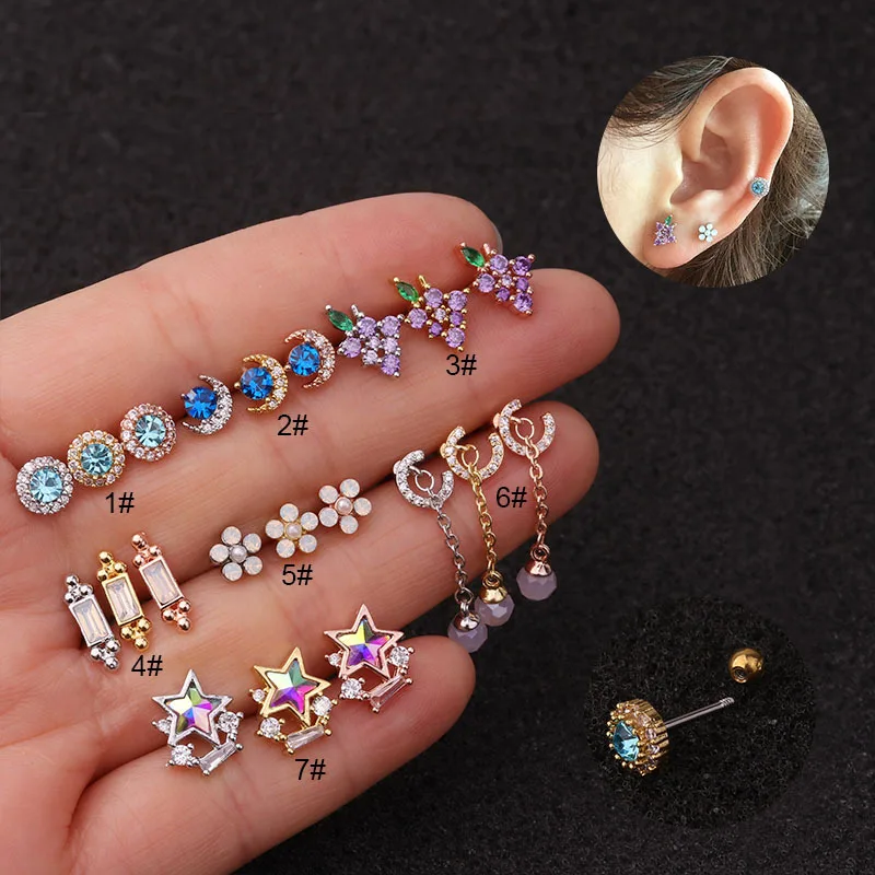 

YW Creative Fashion Colorful CZ Cartilage Stud Earrings for Women Crown Flower Heart Shape Helix Tragus Ear Piercing Jewelry