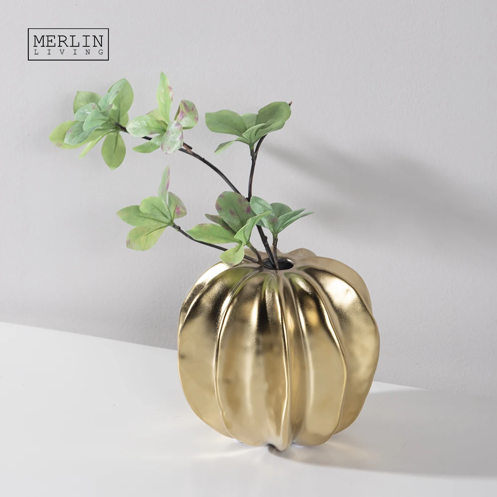 

Europe Nordic Gold Decorative Candle Holder For Home Decor Tabletop Ornament Small Mouth Ceramic Flower Vase