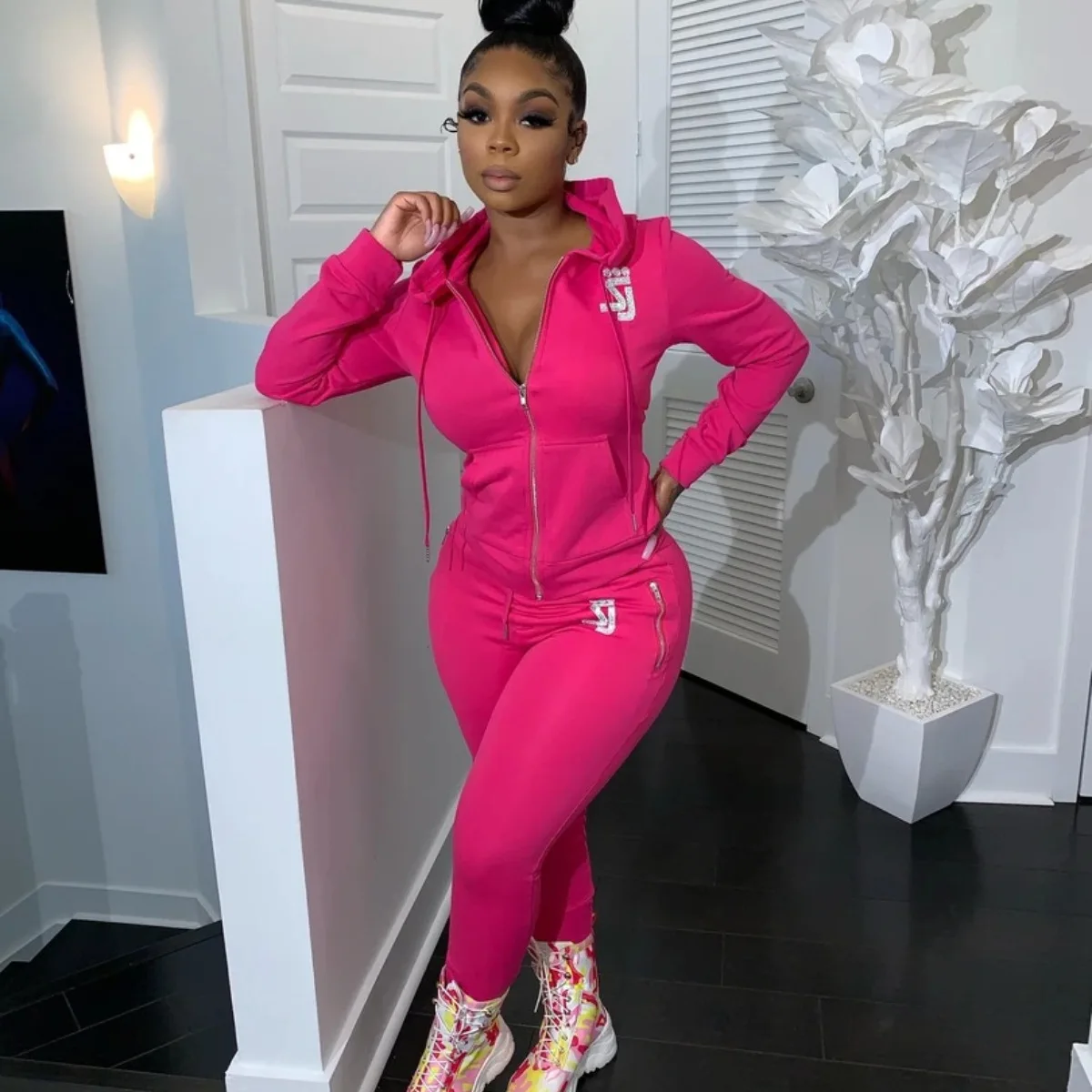 

FREE SAMPLE JHTH Zipper printing women's new style women's hooded casual sports sweater suit two-piece suit