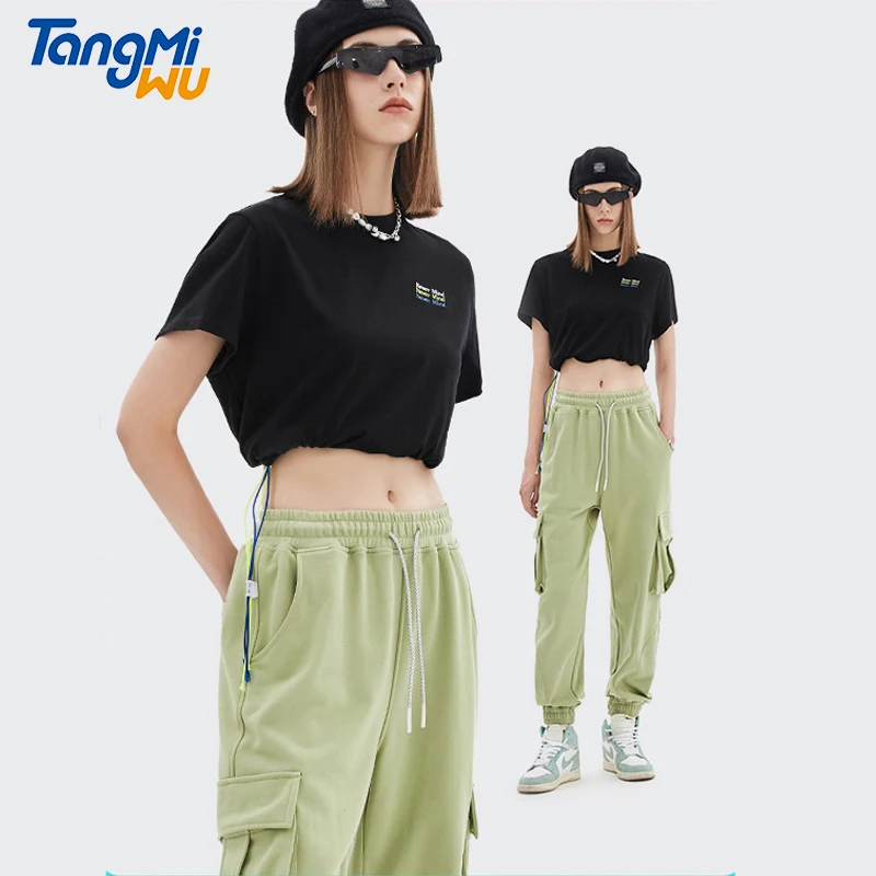 

2021 spring and summer new women's t-shirts personality hem drawstring short sleeve ladies 100% cotton t shirt embroidery