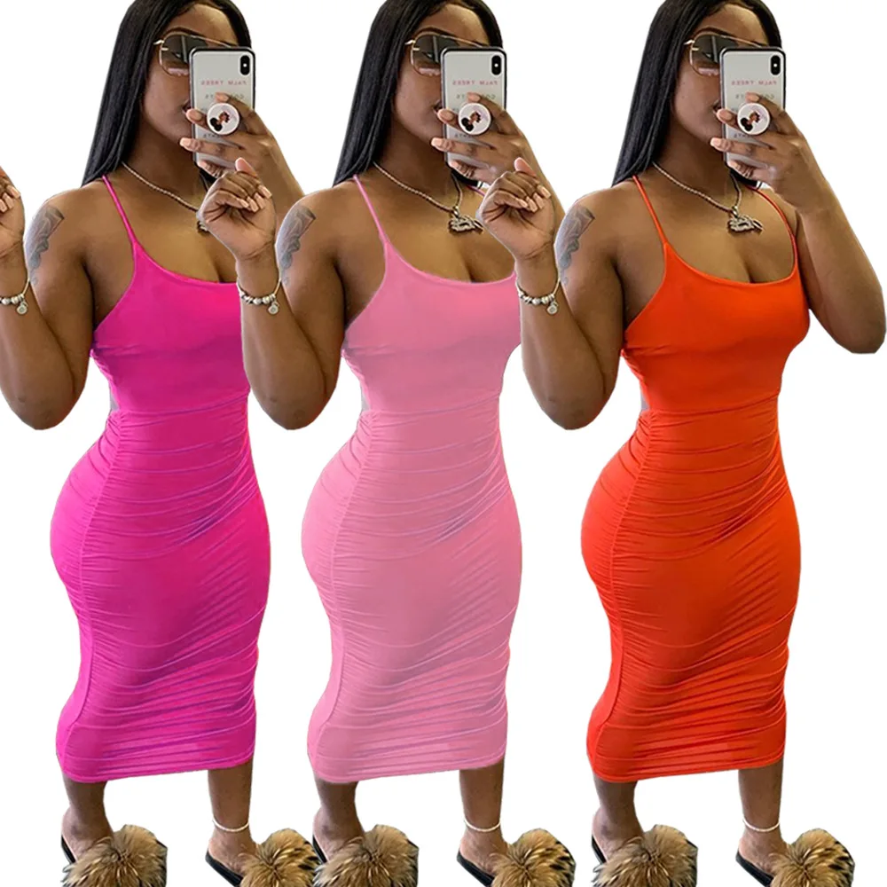 

2020 New spaghetti strap Midi Dress Stacked Party Casual Dress Solid Colour Women's Backless Dress Sexy Sheath Sundress, Red gray orange green roseo pink black