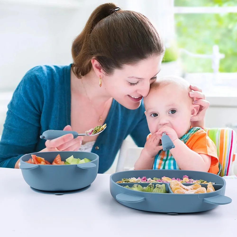 New Custom Bpa Free Food Dish Silicon Baby Dinner Plate Baby Feeding Set Silicone Plates Baby Feeding Spoon Fork Bowl Plate Set