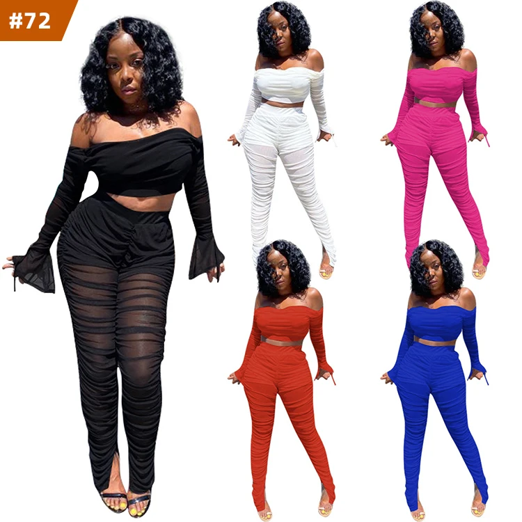 

2022 new off shoulder mesh 2 piece pants set with sleeves see through pleated mesh two piece outfit sexy women set, Mix color is available