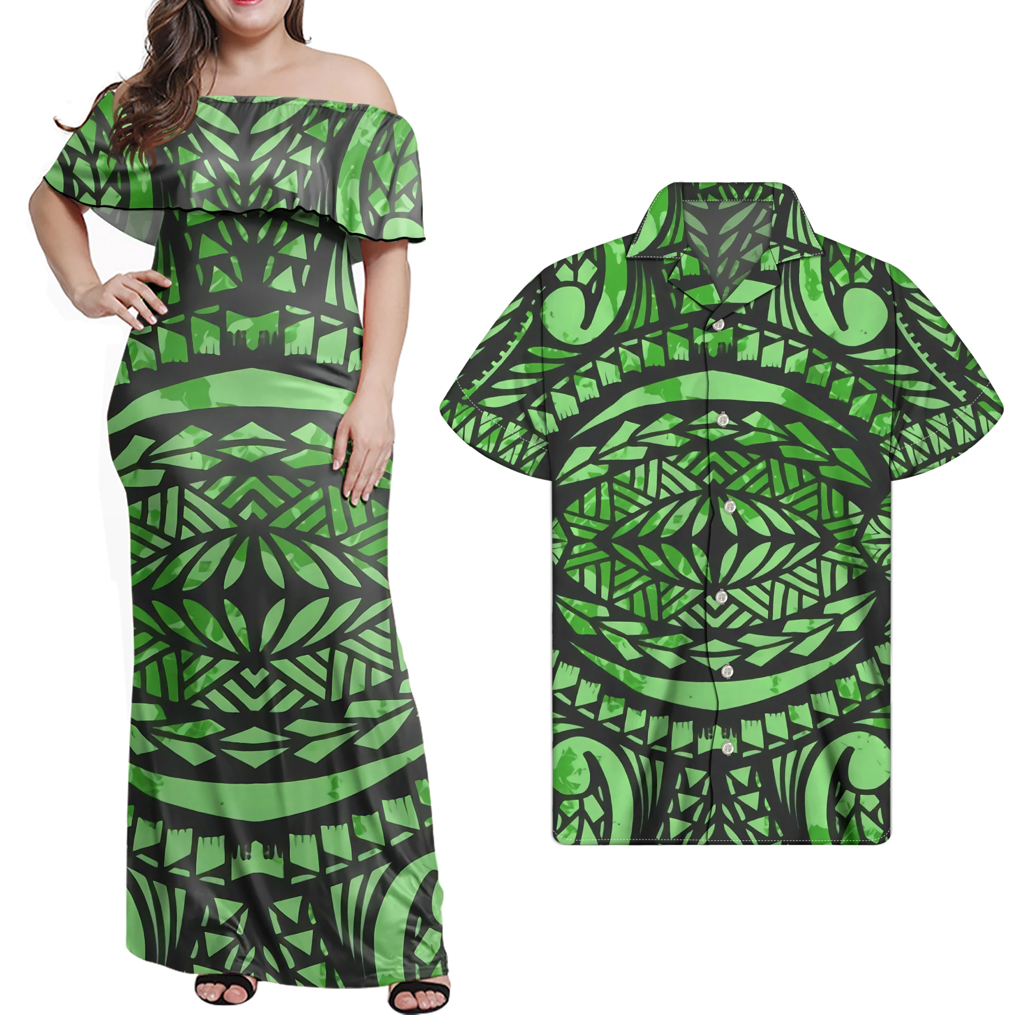 

Polynesian Symmetric Green Print Couples Set Maxi Dress 2021 Women Plus Casual Sexy Dresses Women Summer Formal Evening Wear, Customized color