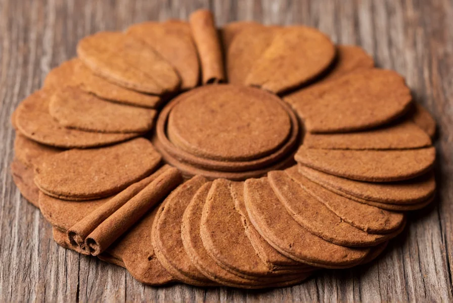 Close-up photograph of cinnamon discs arranged in a circular pattern on rustic wooden surface, showing the distinctive layered structure of each slice