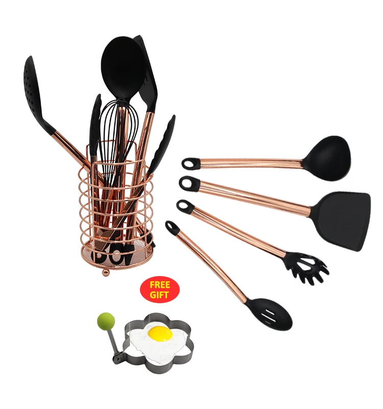 

Stainless Steel Household Serving Baby Cooking Tools Set Storage Rack Kids Silicone Kitchen Utensils With Rose Gold Basket, Customized