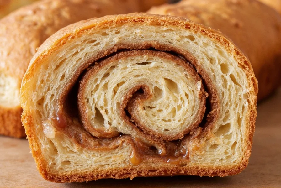 Close-up of sticky cinnamon bread cross-section showing distinct cinnamon swirls and gooey caramel pockets