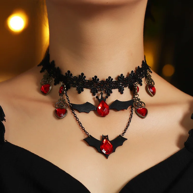 

New Halloween Accessories Jewelry Black Lace Choker Necklace Ruby Crystal Pendant Bat Pattern PU Choker Necklace For Women
