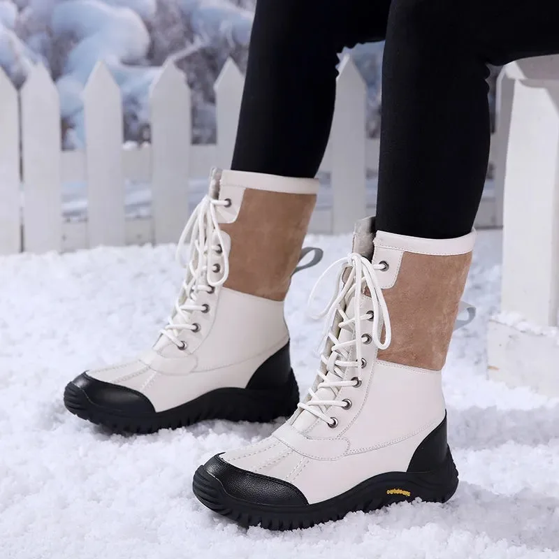 

women's medium boots warm plush cotton shoes thick soles antiskid waterproof women's Boots, Black+pink+white