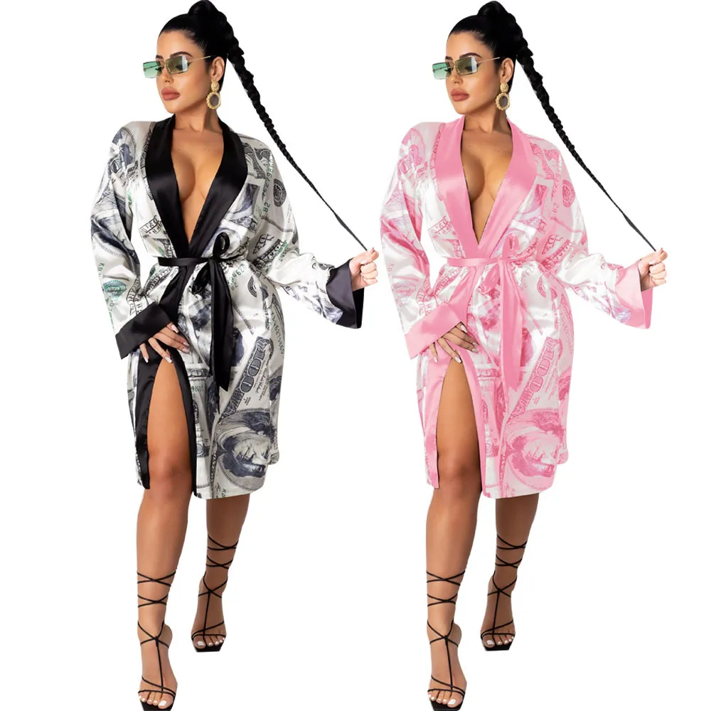 

Hot sale designer robe sexy money printed custom satin bath robes women sexy robe sleepwear, 6 color