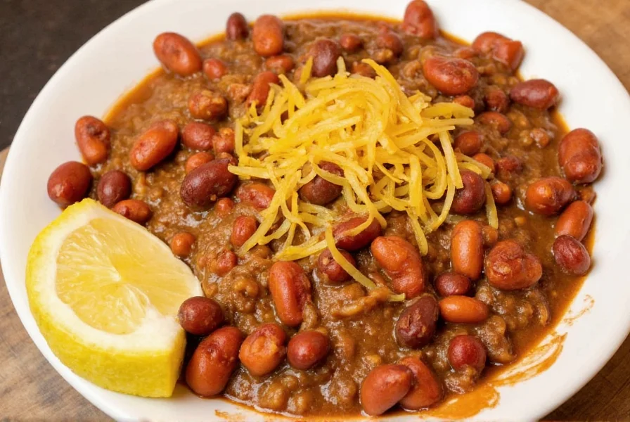 Close-up of steaming Skyline chili