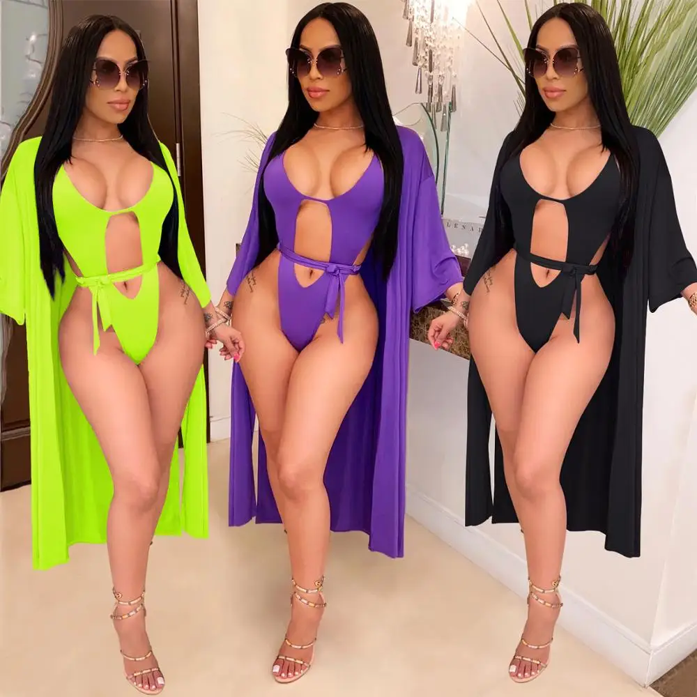 

KYF3378 2020 women solid color sexy bikini swimsuit bodysuit beach cover up 2 piece set beachwear
