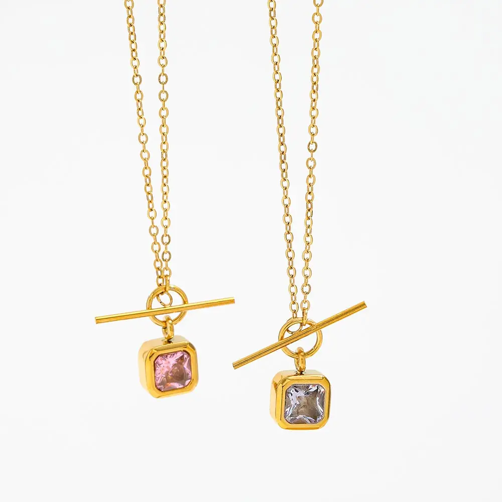 Joolim High-End 18K Gold-Plated Stainless Steel Necklace Square Clear Pink Zirconia Toggle Link Chain Trendy Style for Gift